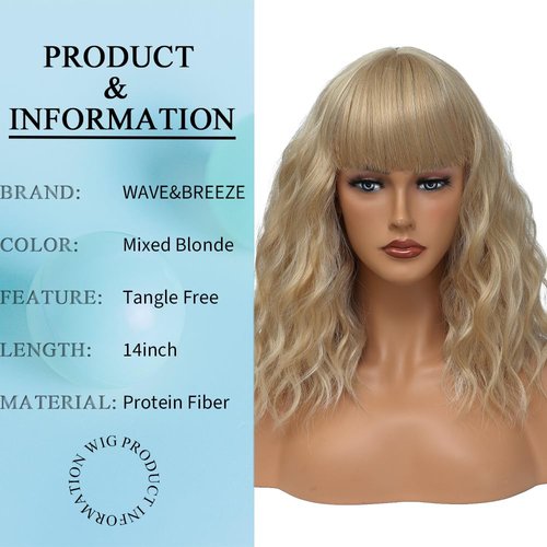 Short Blonde Wigs with Bangs 14Inch Wavy Curly Blonde Bob Wig for Women Shoulder Length Natural Looking Hair Replacement Wig for Daily Party Use Cosplay Costume Halloween Wig