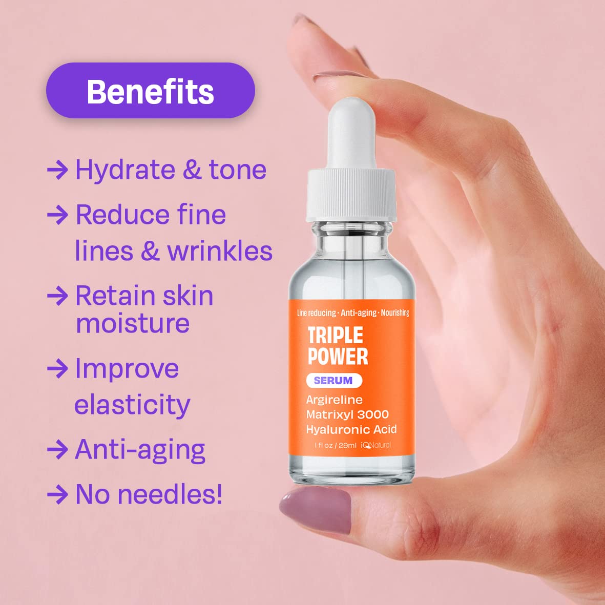 IQ Natural Argireline & Matrixyl 3000 Serum - Anti-Aging Peptide Serum for Face, Hydrating Face Serum for Women and Men, 1oz