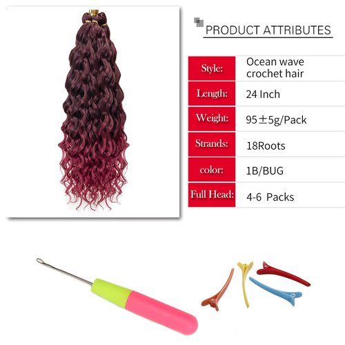 Ocean Wave Crochet Hair 24inch Deep Wave Curly Crochet Hair For Women Burgundy Hawaii Curly Braiding Hair Synthetic Bohemian Crochet Braid Water Wave Crochet hair Extensions (6Packs, 1B/BUG)