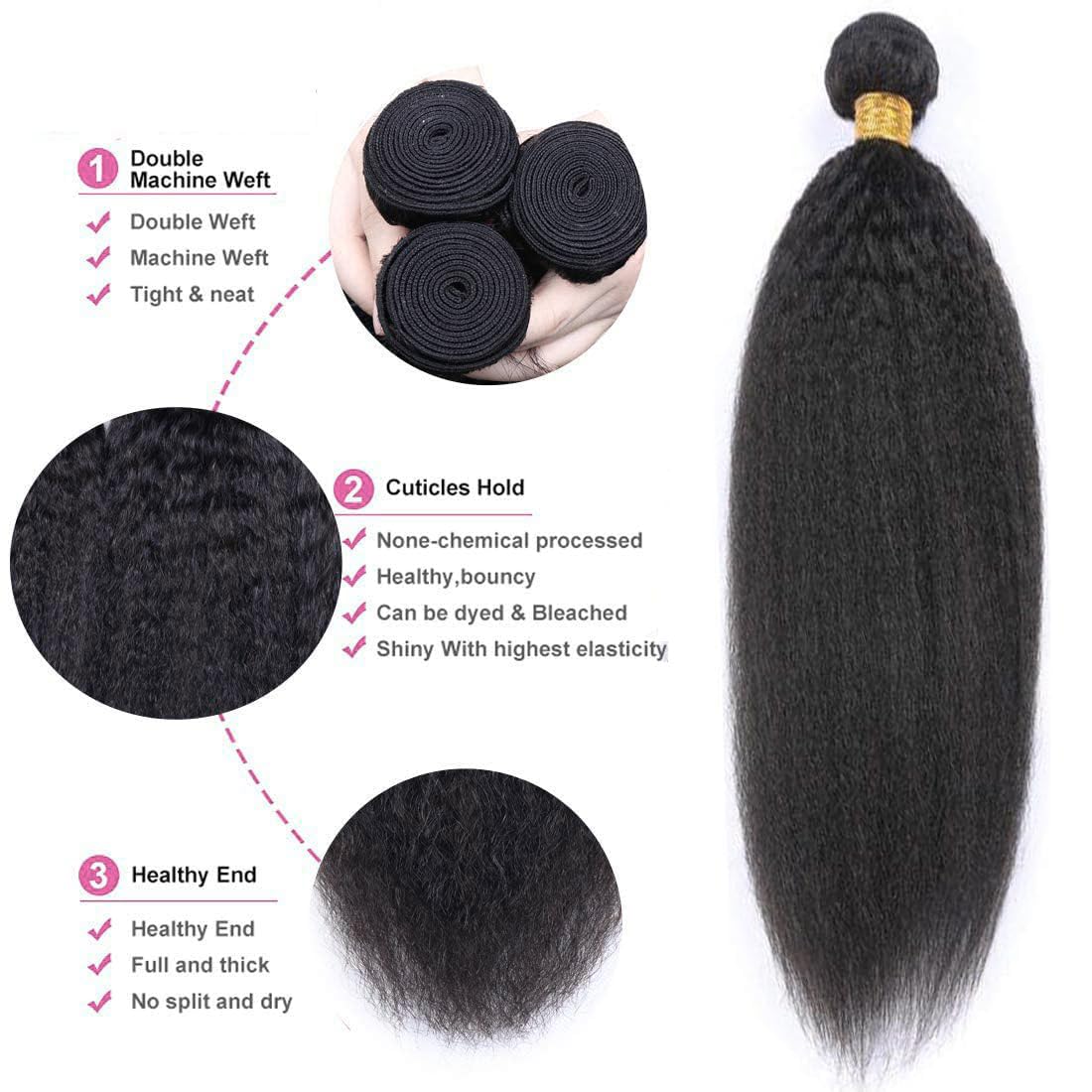 OLFORY Hair Bundles 12A Yaki Kinky Straight Human Hair 1 Bundles 100% Unprocessed Mongolian Virgin Human Hair Weave Extensions Natural Color Single Bundles (22 inch)