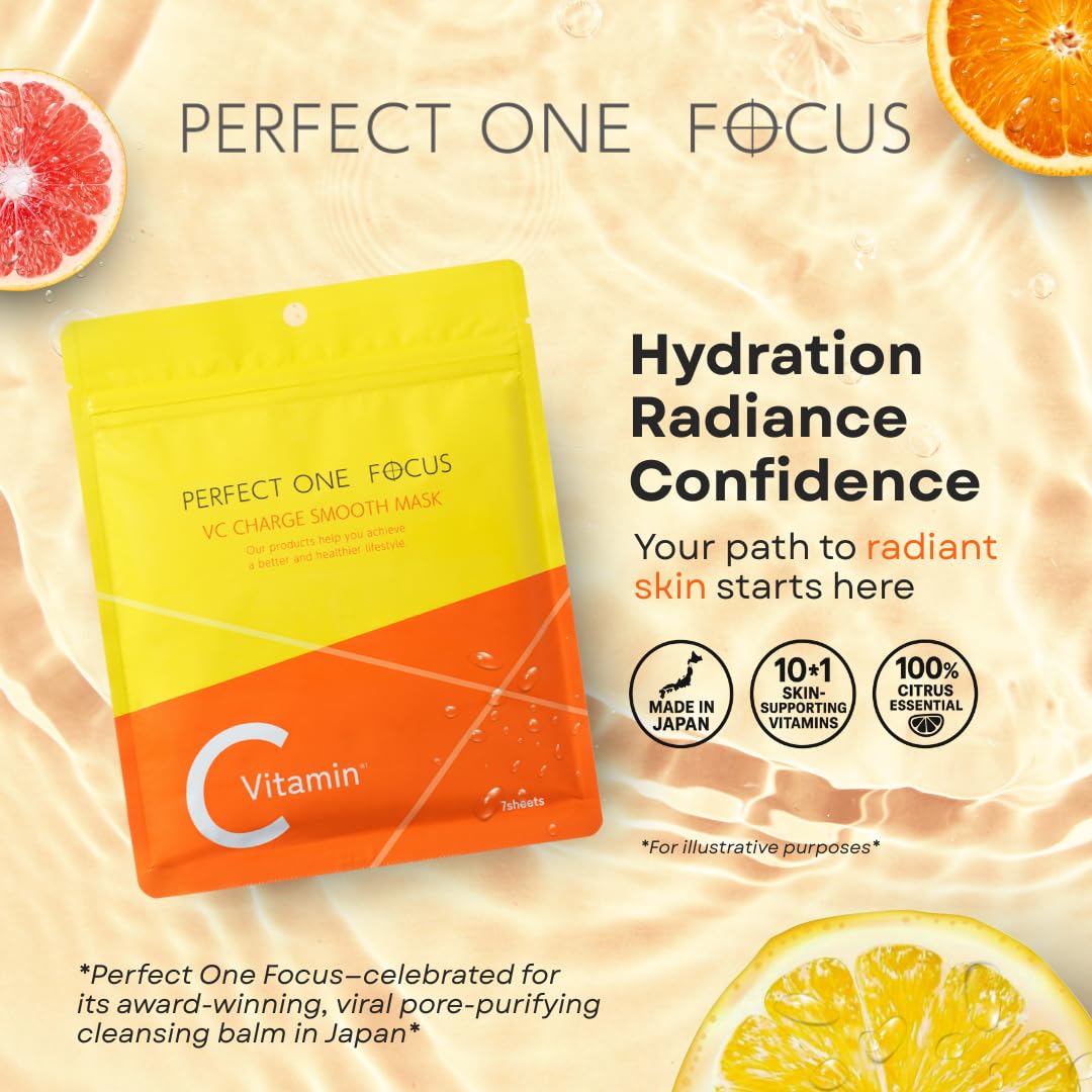 PERFECT ONE FOCUS VC Charge Smooth Mask - Vitamin-Infused Sheet Masks for Skin Care & Pores - Includes 10 Types of Vitamins, Hyaluronic Acid, Ceramides & Niacinamide - Citrus Scent, 7 Sheets
