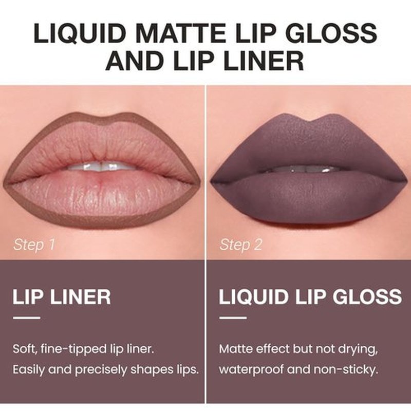 JUAAZIN 1Pcs Lip Liner Pencils and 1 Pcs Lip Gloss Makeup Set, Smokey Topaz Matte Rich Lip Colors Liner Crayon Liquid Lipstick for Sculpting Lips, Long-Lasting Waterproof Longwear Smudge-Proof 12#