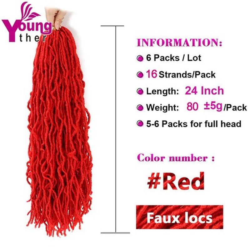 Youngther Red Faux Locs Crochet hair 24 inch 6 Packs New Soft Goddess locs Crochet Hair Pre Looped Synthetic Crochet Braiding Hair Extensions (24 inch (Pack of 6), Red)