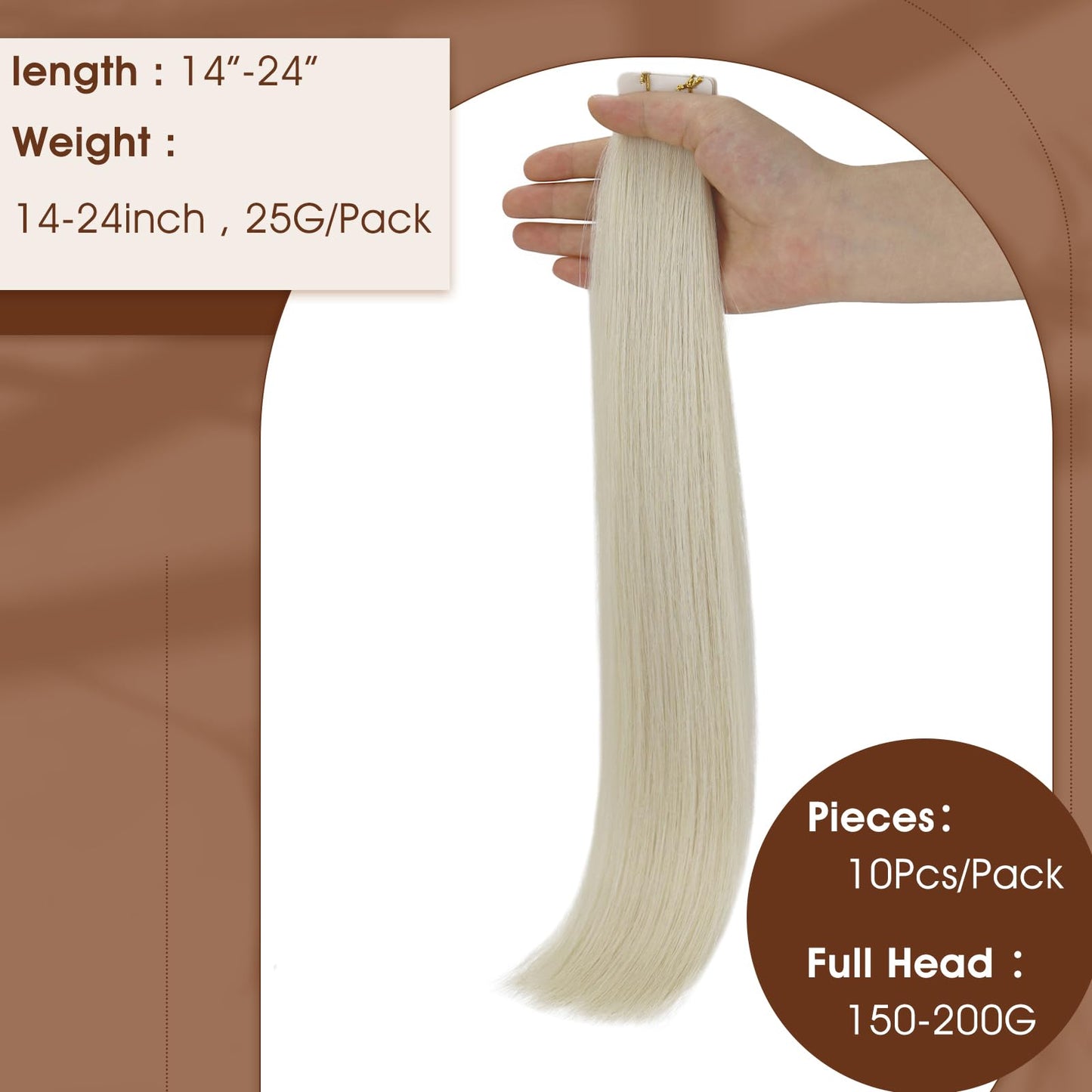 Full Shine Ice Blonde Tape in Extensions Human Hair Virgin Tape in Hair Extensions Real Human Hair Color 1000 Blonde 25 Gram Invisible Tape in Virgin Hair Extensions Straight Hair 10pcs Remy Hair