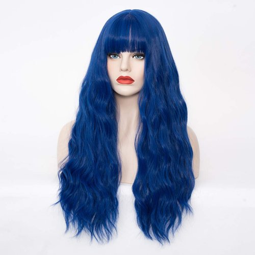 WGPFWIG Women's Navy Blue Wig 27 Inches Long Curly Wavy Hair Wig Heat Resistant Fibers Synthetic Wig For Women Girl Cosplay Party Halloween Wig Cap Included (Navy Blue)