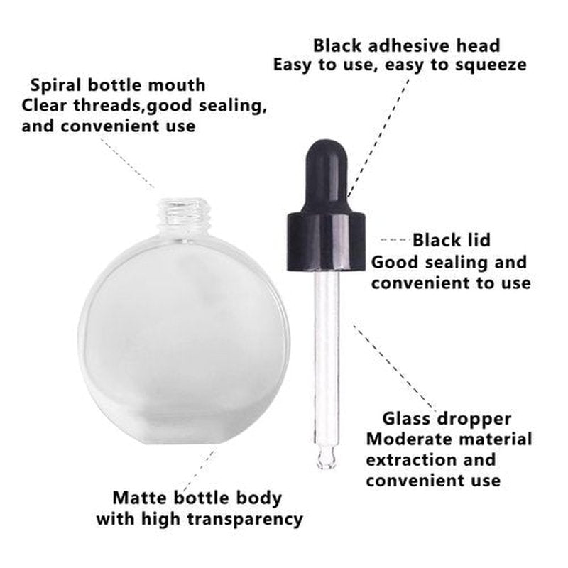 PYAWI 6Pcs, 2 oz Glass Dropper Bottles for Essential Oils ,60ml Frosted Glass Dropper Bottles Flat Round Perfume Bottle, for Essential Oils, Perfumes, Serums - Leakproof for Travel (A- Clear Frosted)