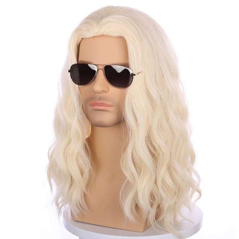 PATTNIUM Mens Light Blonde Wig Long Wavy Blonde Wig for Men Male Wig Blonde Shoulder Length Hair Wig Synthetic Wig with Wig Cap