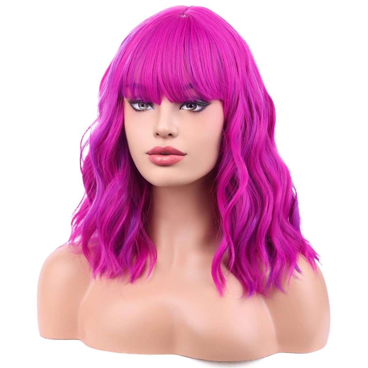 MAGQOO Rose Purple Wig for Women Short Curly Wavy Hot Pink Purple Wig with Bangs Synthetic Halloween Cosplay Party Wig