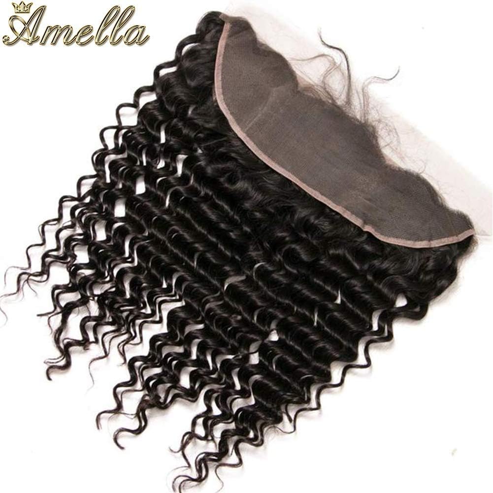 Amella Hair Deep Wave 3 Bundles with Frontal 13x4 Lace Closure Pre Plucked Brazilian Deep Wave Virgin Human Hair with Lace Frontal Free Part 16” 18" 20"+14"Frontal