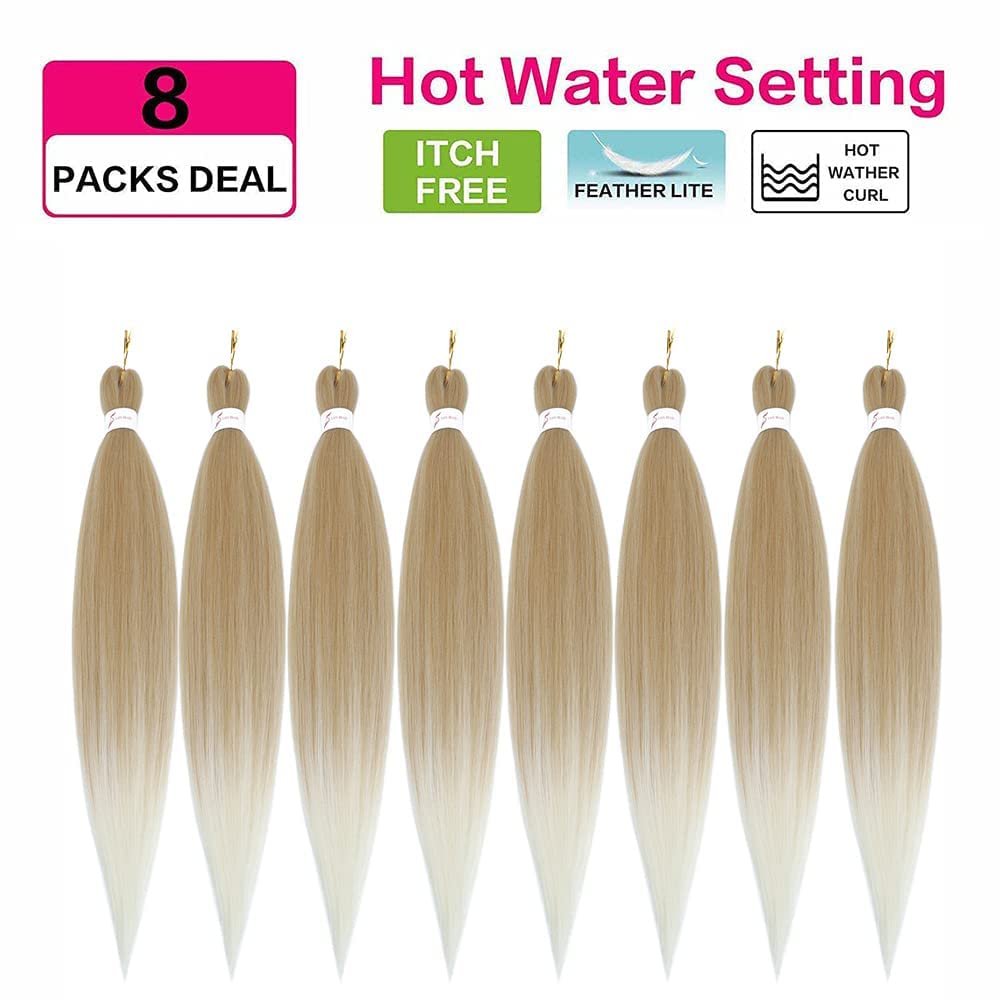 Pre Stretched Braiding Hair 26 Inch Two Tone Ombre Brown Blonde Braiding Hair 8 Packs Long Hair Extensions for Braiding Twist Braids Hot Water Setting Yaki Straight Synthetic Hair for Women