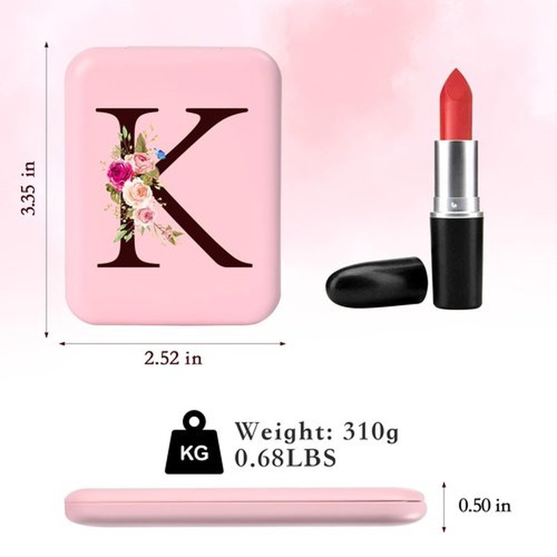 KEWWADB Travel Mirror with Lights, Initials Portable Compact Mirror, Travel Essentials, Suitable for Teen Girls, Young Women Gifts Ideas, Birthdays Gifts(Pink) (K)