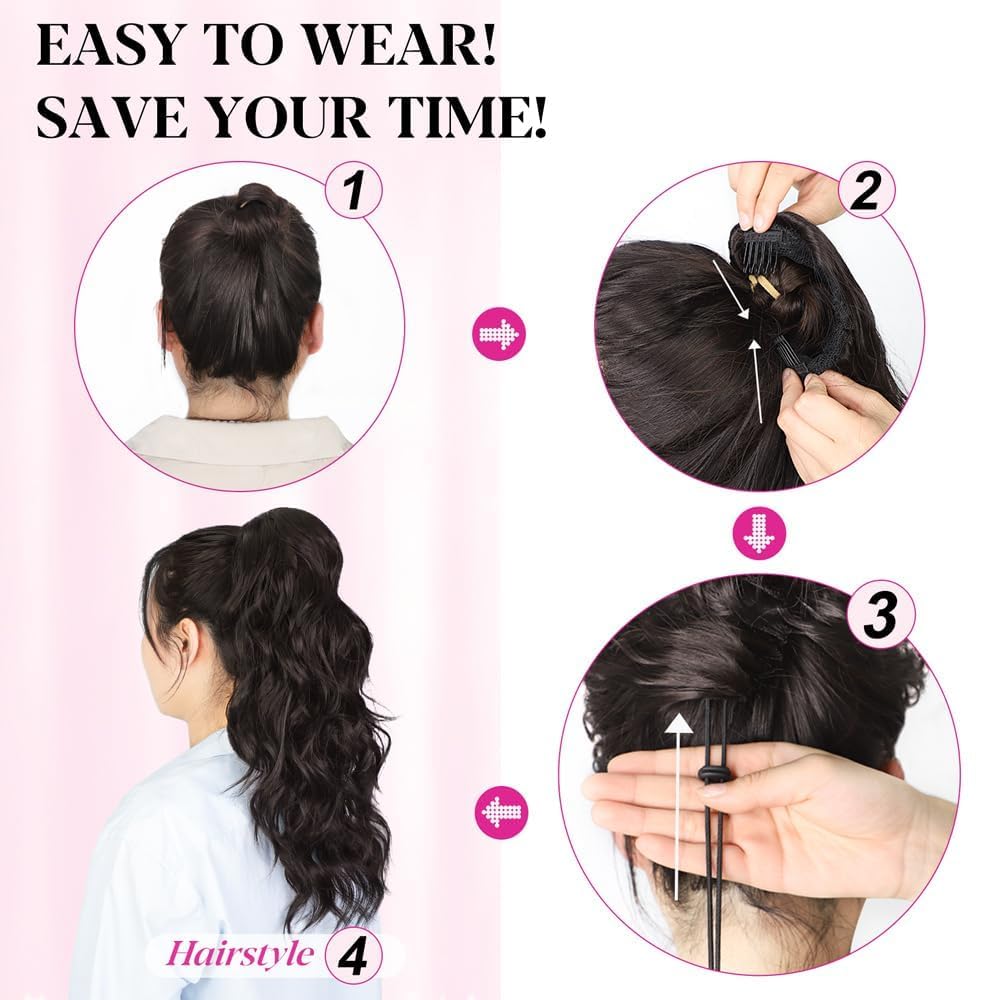 ALXNAN Ponytail Extension,Drawstring Ponytail Hair Extensions Brown with Blonde Highlights Long Wave Ponytail for Women