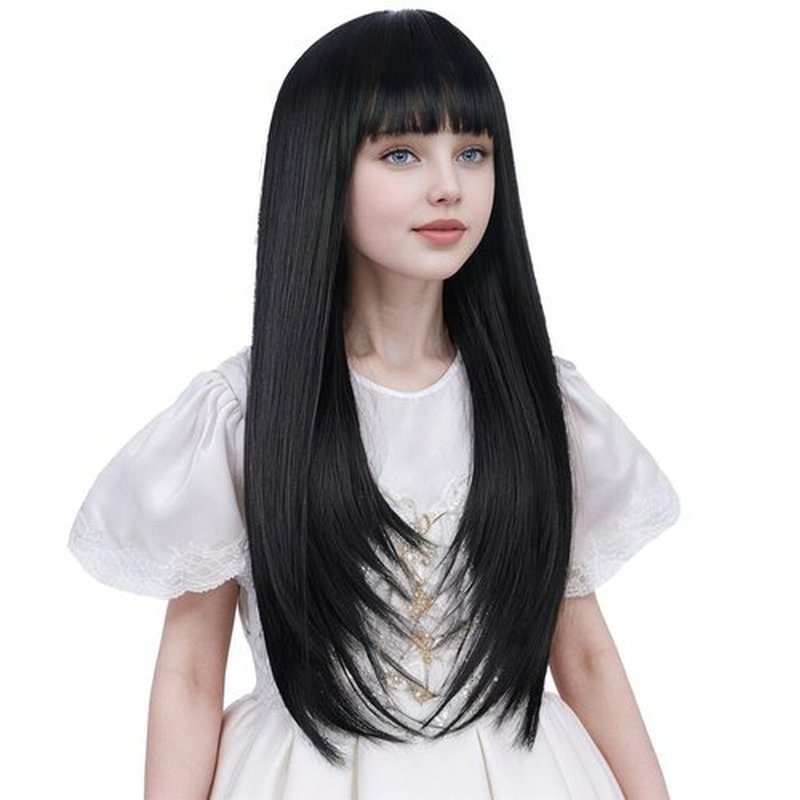 Ufindcos Black Wig with Bangs for Kids Long Black Wig Long Straight Child Wig Natural Black Wig for Girls 22 inches Synthetic Wig with Wig Cap