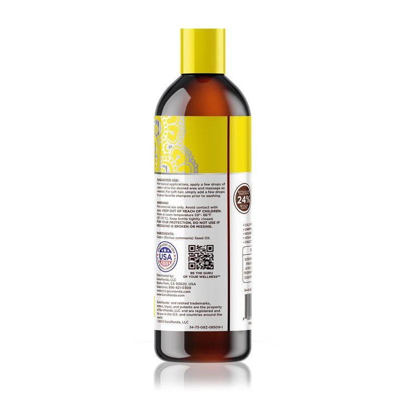 GuruNanda Castor Oil (8 Fl oz), 100% Pure & Natural - Cold Pressed & Hexane-Free, Hydrating Carrier Oil for Skin, Hair, Eyebrows & Eyelashes Growth (Pack of 3)