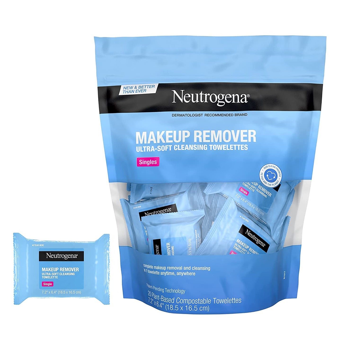 Neutrogena Makeup Remover Cleansing Towelette Singles, Daily Face Wipes to Remove Dirt, Oil, Makeup & Waterproof Mascara, Individually Wrapped, 20 ct (Pack of 2)