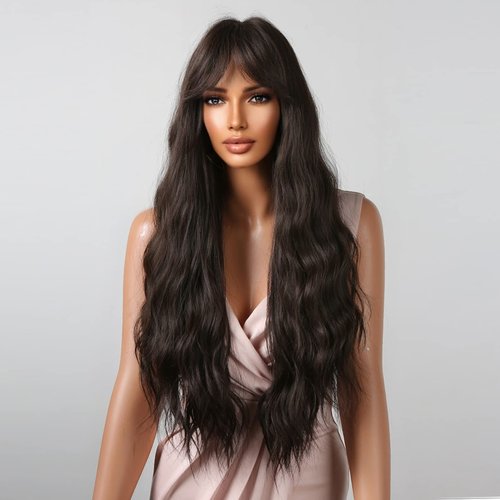 BERON Brown Long Wigs Women Wavy Wig with Bangs 28 Inches Curly Synthetic Wigs for Cosplay Party Wigs Wig Cap Included