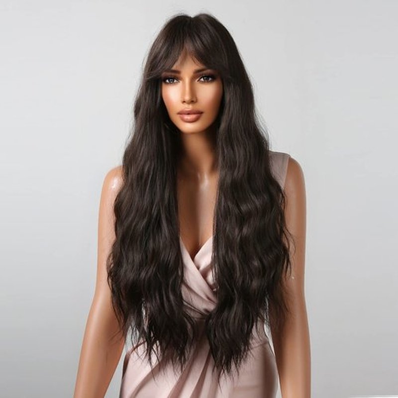 BERON Brown Long Wigs Women Wavy Wig with Bangs 28 Inches Curly Synthetic Wigs for Cosplay Party Wigs Wig Cap Included