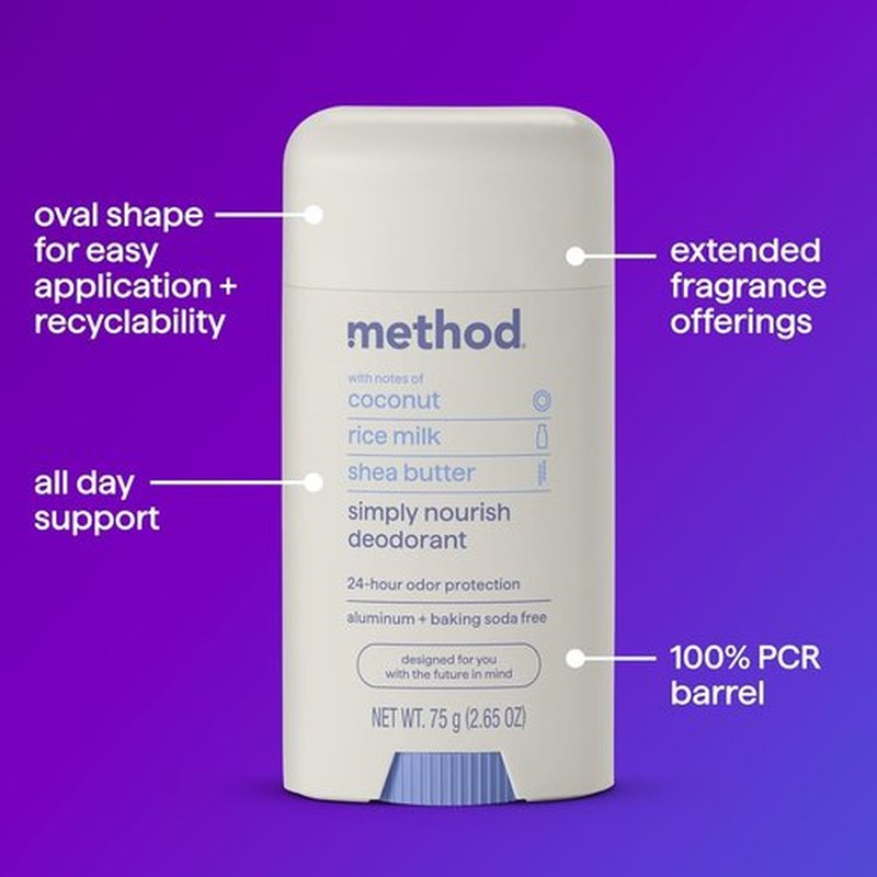 Method Deodorant, Simply Nourish, Coconut, Rice Milk + Shea Butter notes, 24 Hour Odor Protection, 2.65 oz