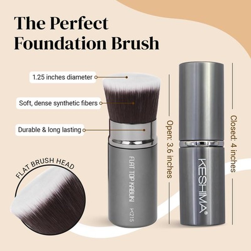 Flat Top Retractable Makeup Brush by Keshima - Premium Retractable Kabuki Brush, Blush Brush, Foundation Brush for Liquid Makeup, Powder and Cream