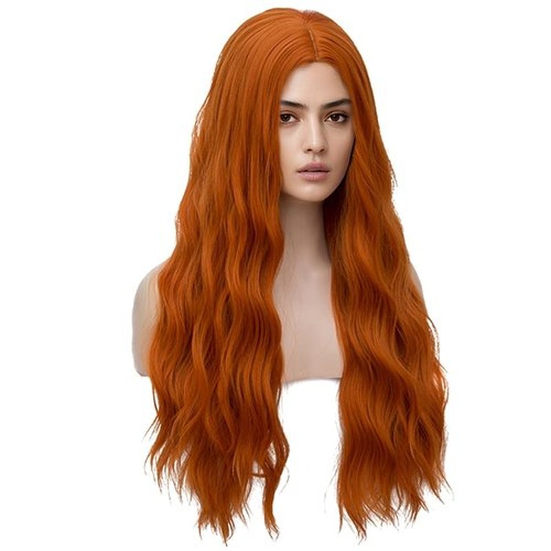 MAGQOO Dark Orange Wig Middle Part 28 Inches Long Curly Wavy Wig Dark Orange Hair Wigs Women Girls Synthetic Halloween Costume Cosplay Wig with Wig Cap(Dark Orange)