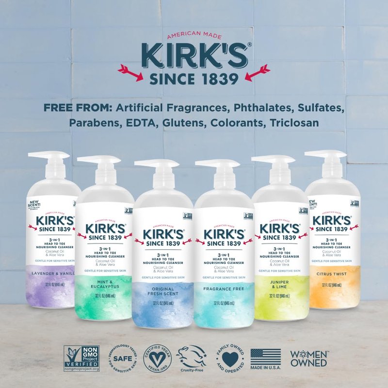 Kirk's Mint and Eucalyptus 3-in-1 Nourishing Cleanser, Shampoo Body Wash Bubble Bath, Coconut Oil and Aloe Vera, Vegan Non-GMO, 32 Fl Oz, Pack of 2