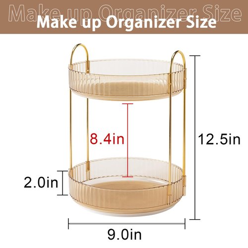 shuang qing Rotating Makeup Organizer for Vanity 2 Tier, High-Capacity Skincare Clear Make Up Storage Perfume Organizers Cosmetic Dresser Organizer Countertop 360 Spinning (Gold)