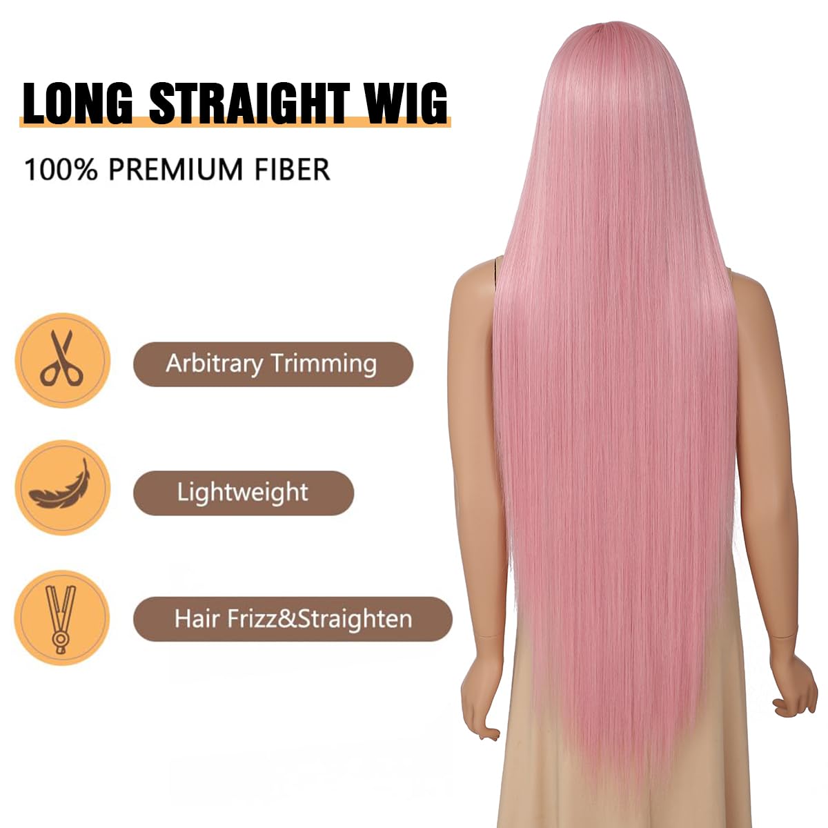 YKHJH Pink Synthetic Wig with Bangs Natural Pink Mixed Super Long Straight Hair 40 Inch Heat Resistant Synthetic Wigs for Fashion Women (Pink)
