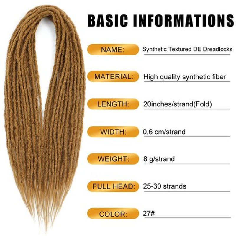 Aguacor Synthetic Textured Dreadlocks Straight Double Ended Dreadlock Extensions with Texture 20inches 5 Strands Thin Soft DE Dreadlock Extensions for Women (5 Strands, 27#)