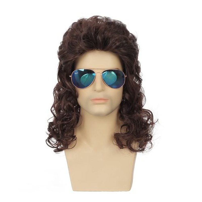 Dai Cloud Mens Mullet Wig Brown Long Curly 80s Wig Halloween Costumes Party Hair Wig for Male Guys(Dark Brown)