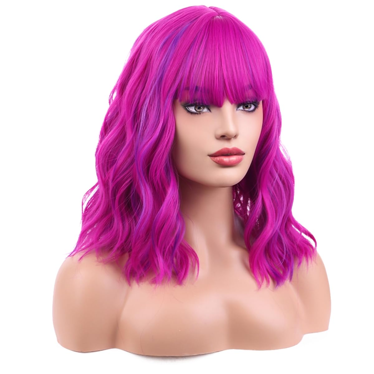 MAGQOO Rose Purple Wig for Women Short Curly Wavy Hot Pink Purple Wig with Bangs Synthetic Halloween Cosplay Party Wig