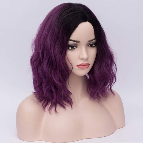 BERON Black Purple 14" Women Girls Short Curly Wavy Wig Ombre Taro Purple Body Wave Halloween Cosplay Daily Party Wigs