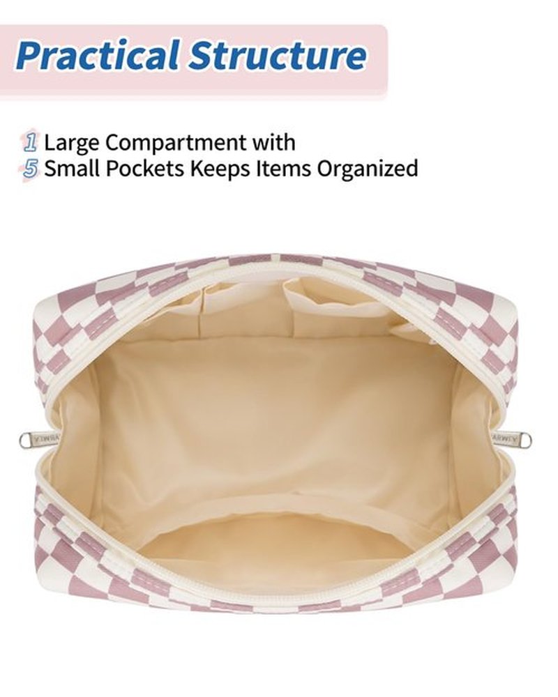 Narwey Personalized Initial Makeup Bag Toiletry Bag Gifts for Women Girls Large Checkered Makeup Bag Zipper Pouch Travel Cosmetic Bag Organizer for Women (Dusty Rose Checkerboard Letter S)