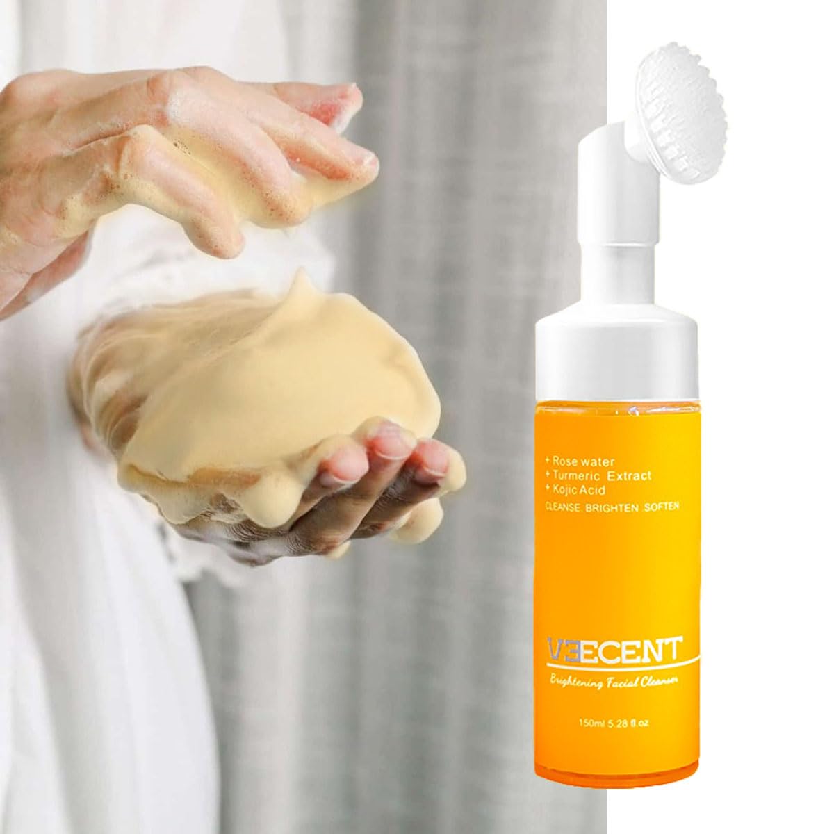 VEECENT Turmeric, Kojic Acid Brightening and Whitening Foaming Facial Cleanser,Reduce Dark Spot, Silicone Brush Cleansing Skincare Hydrating Facial Cleansing for All Skin