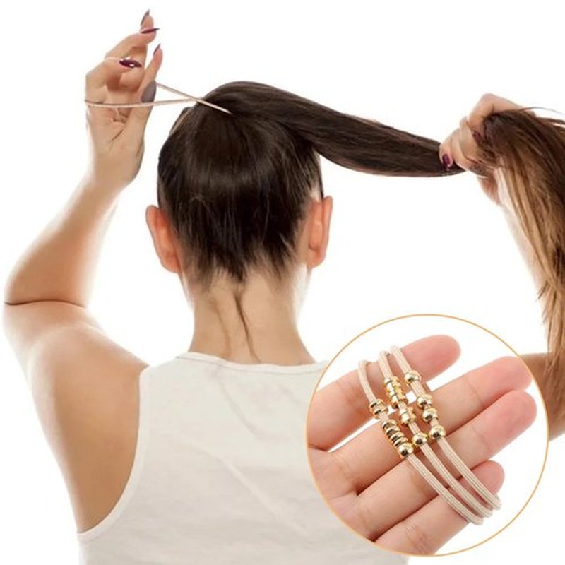 PEOVLVN 5 Pcs Hair Tie Bracelets for Women, Boho Hair Ties No Damage Elastic Hair Ties Cute Bracelet Hair Ties with Bead Ponytail Holders Hair Bands for Women Girls Hair Accessories (Beige)