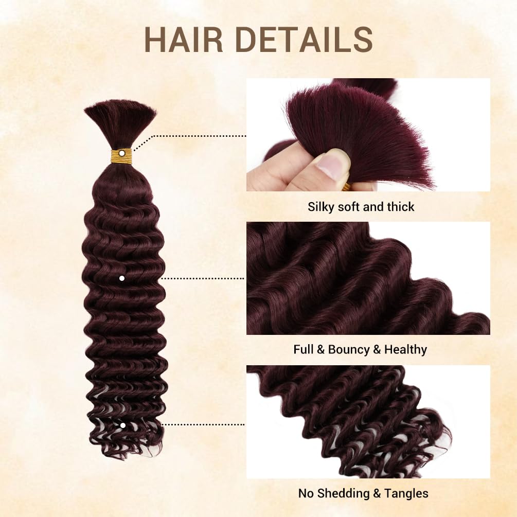 Human Braiding Hair for Boho Knotless Braids 1 Bundle 14 Inches 40g Deep Wave Bulk Human Hair for Braiding Hair Wet and Wavy 10A Brazilian Virgin Human Bohemian Hair for Braiding 99J