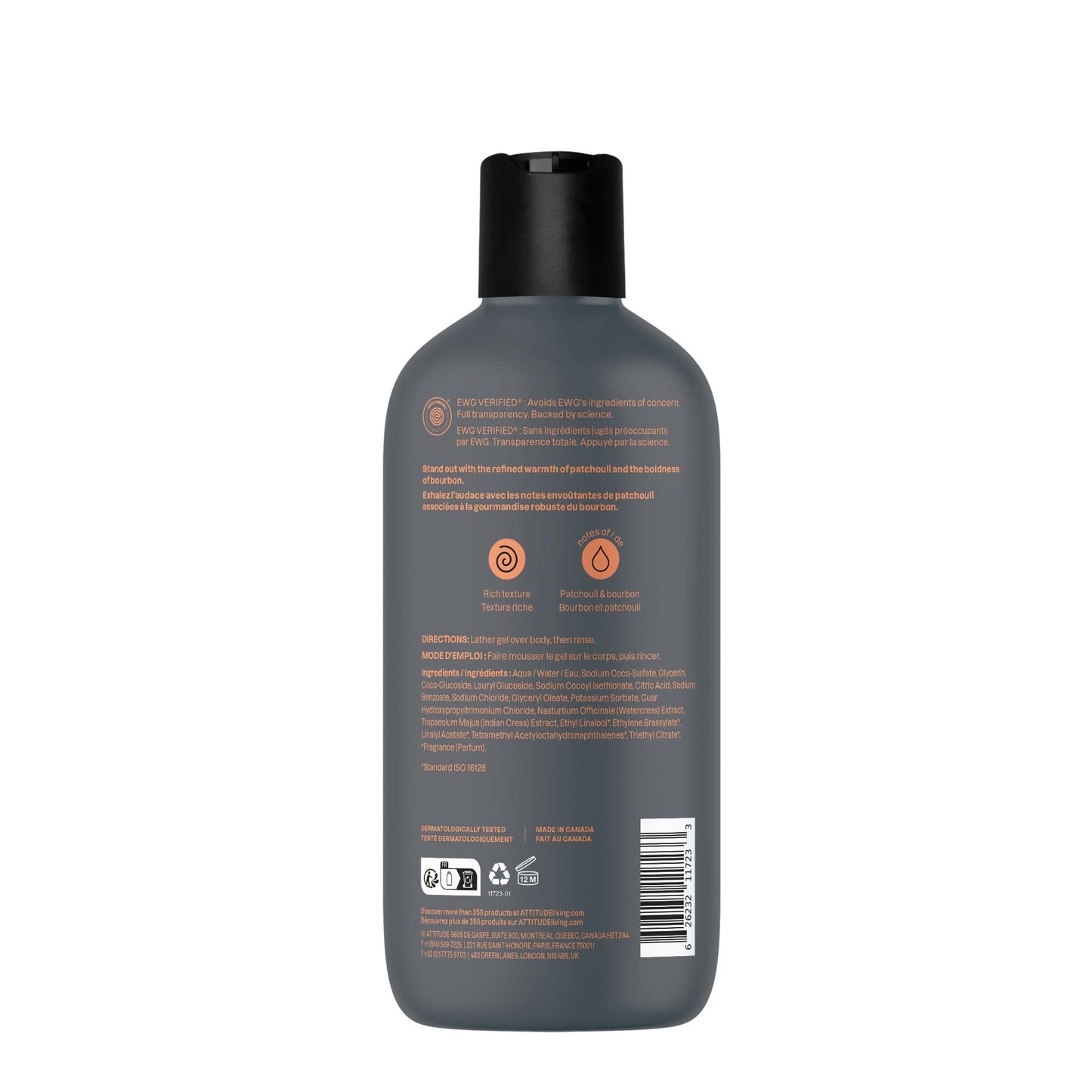 ATTITUDE Shower Gel Body Wash for Men, 98% Natural Origin Ingredients, Paraben & Phthalate Free, EWG Verified, Cleanses Without Drying, Patchouli & Bourbon, 14 Fl Oz (Pack of 3)