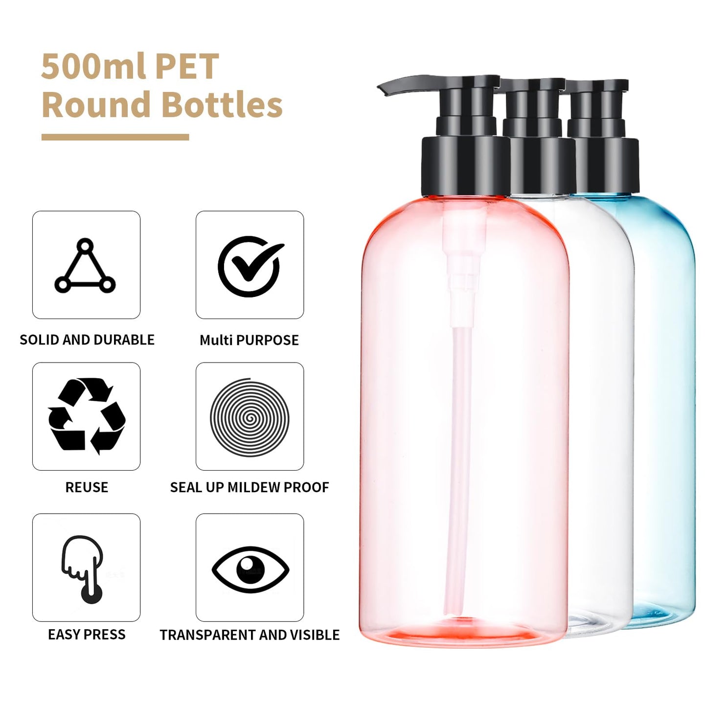 Bynccea 2 Pack Empty Plastic Pump Bottles Dispenser 16 oz / 500 ml Refillable Shampoo Bottles with Pumps Cylinder Shampoo Lotion Hand Pump Bottle Liquid Container for Bathroom Shampoo and Body Wash