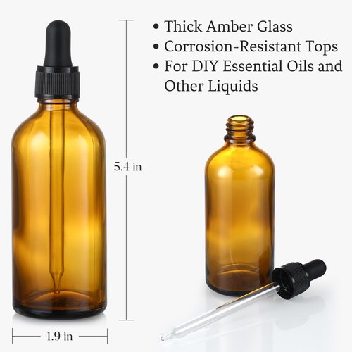 4 Pack, 4oz Amber Glass Dropper Bottles Plus 2pcs Graduated Calibrated Glass Pipettes (1ml)- 120ml Dark Brown Tincture Bottles with Eye Droppers for Essential Oils, Liquids - Leakproof Travel Bottles