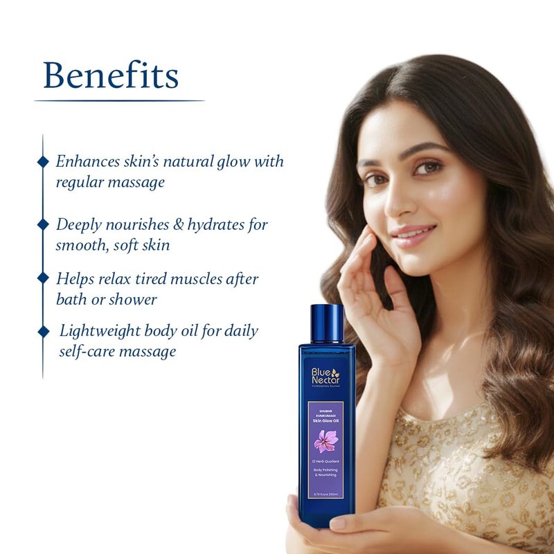 Blue Nectar's Kumkumadi Face Oil, infused with natural herbs for glowing skin (1Fl Oz), & Kumkumadi Moisturizing Body Oil, for dry skin (3.38 Fl Oz).
