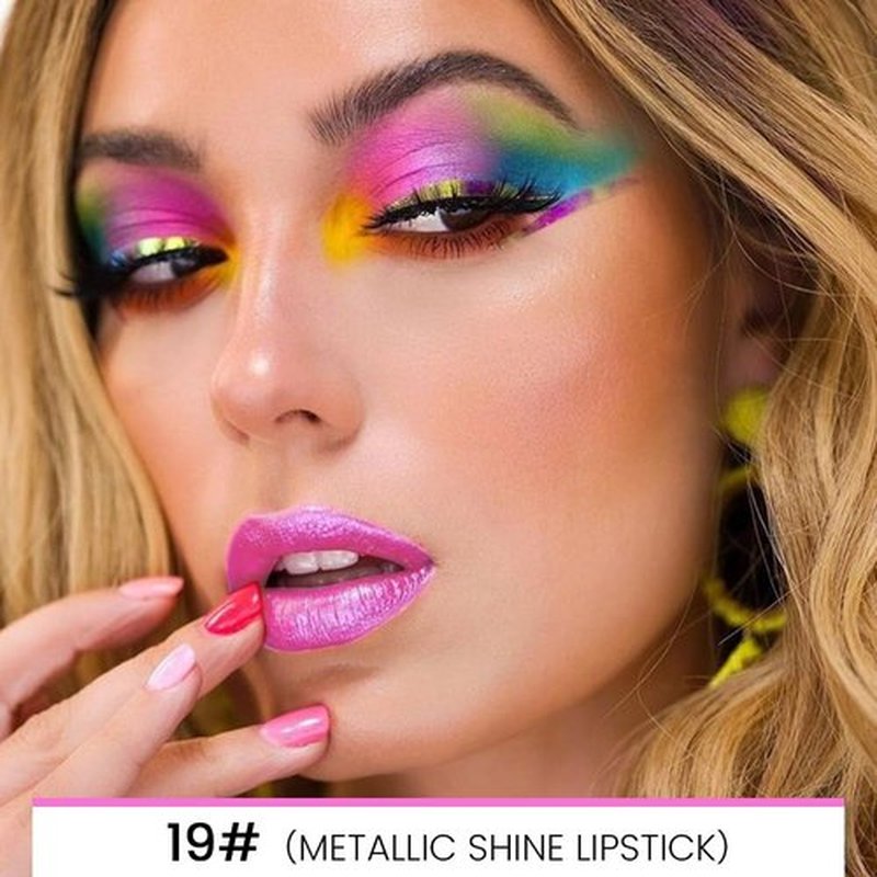 HHLTOH Vivid Fuchsia Metallic Shine Shimmer Lip Liner and Lipstick Combo Set Kit for Women, DNM Lightweight Hydrating Formula High Impact Full Coverage Lipstick and Lip Liner Makeup Stains Gloss, 19#