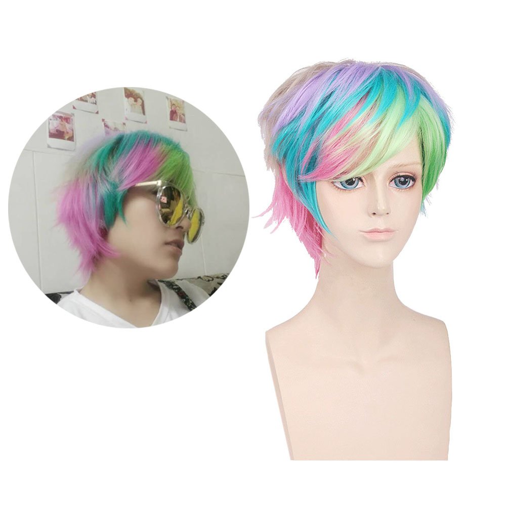 BERON Women's Rainbow Short Straight Bob Wig Rose Net with Wig Cap