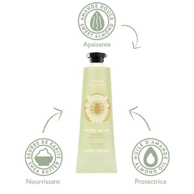 Panier des Sens - Small Hand Cream for Dry Cracked Hands โ Almond Mini Hand Lotion for Dry Skin - With Shea Butter and Sweet Almond Oil - Hand Care 97% Natural Ingredients - Travel Size 1 floz