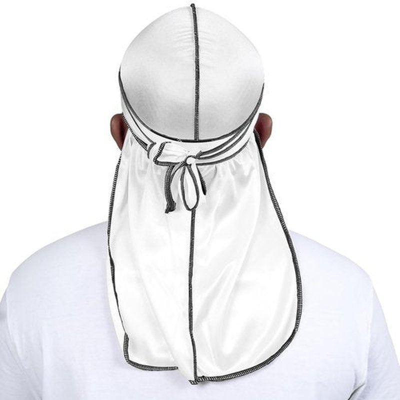 ForceWave Silky Durag for Men Wave Cap Satin Dorag for Men Women 360 Wave (White with Black Seam)