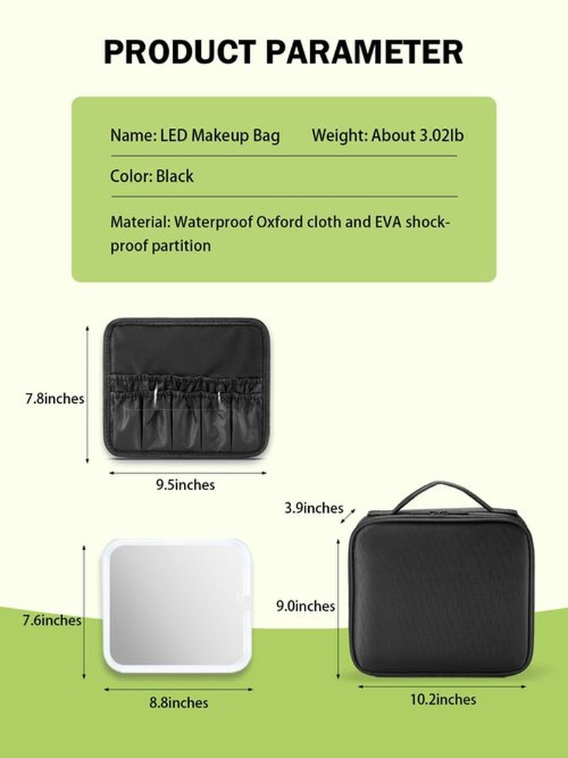 MIRRORNOVA Travel Makeup Bag with Lighted Mirror,Makeup Train Case with Adjustable Dividers and 3 Light Modes,Oxford Fabric,Black