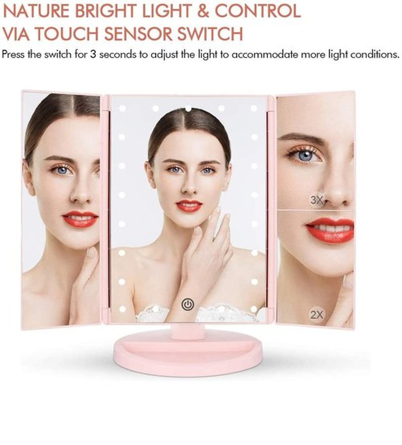 Flymiro Tri-fold Lighted Vanity Makeup Mirror with 3x/2x Magnification,21 LEDs Light and Touch Screen,180 Degree Free Rotation Countertop Cosmetic Mirror,Travel Makeup Mirror(Pink)