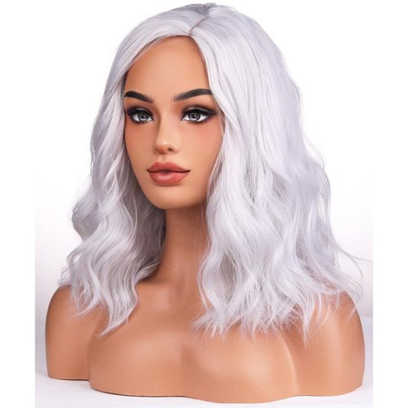 BERON Womens Silver White Short Wig Girls Curly Wavy Bob Hair Wig Shoulder Length Heat Resistant Synthetic Wigs for Daily or Cosplay Used