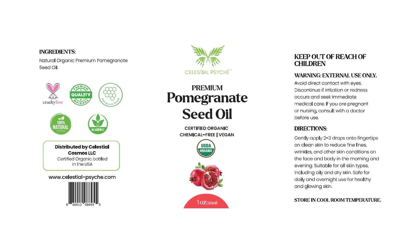 Celestial Psyché USDA Certified Organic Pomegranate Seed Oil (1 Oz) 100% Pure Natural, Hexane-Free, Face Moisturizer, Skin Hydration, Nails Natural Beauty Enhancement