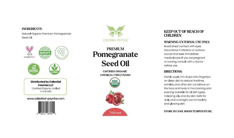 Celestial Psyché USDA Certified Organic Pomegranate Seed Oil (1 Oz) 100% Pure Natural, Hexane-Free, Face Moisturizer, Skin Hydration, Nails Natural Beauty Enhancement