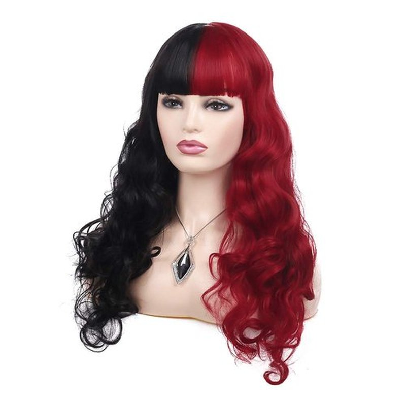 Baruisi Half Black Half Red Wig Long Curly Wavy Synthetic Heat Resistant Bangs Wig for Women