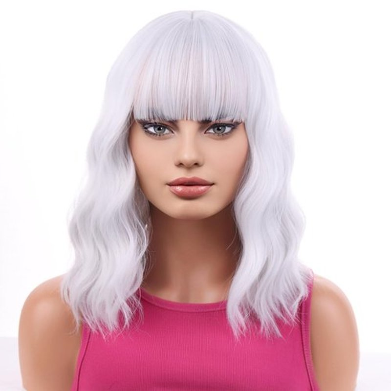 BERON 14 Inches Silver Wig Short Curly Wig Women Girl's Synthetic Wig Silver White Wig with Bangs Wig Cap Included